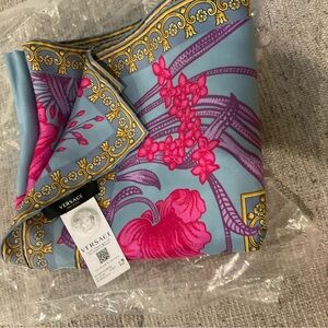 Versace Vibrant Blue and Pink Silk Scarf with Gold Details